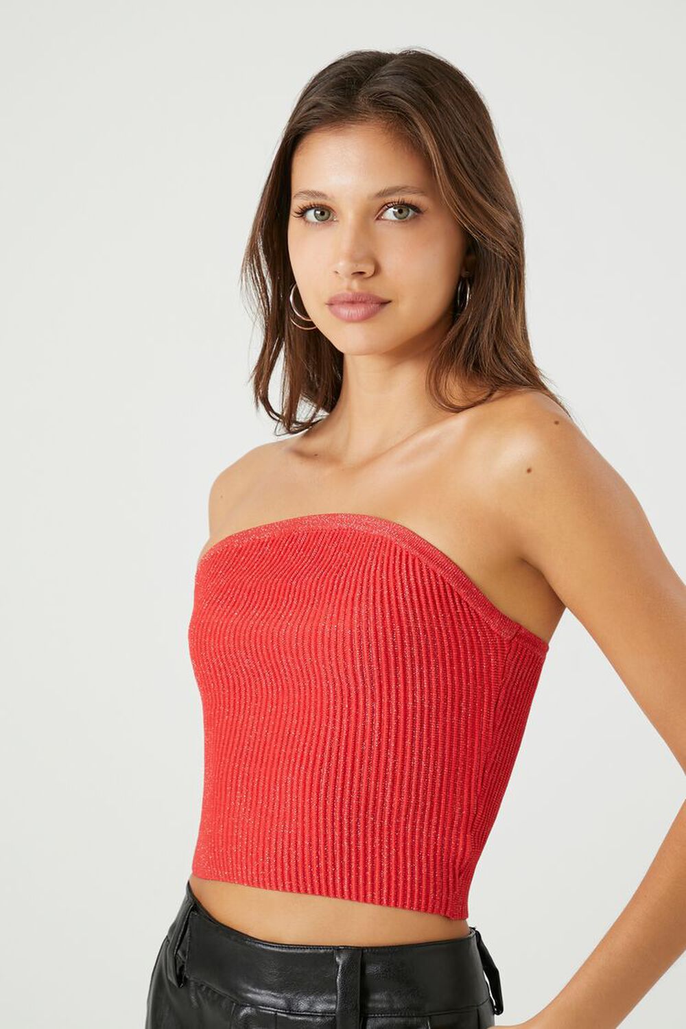 RED Cropped Sweater-Knit Tube Top, image 2