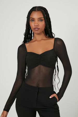 Black Long Sleeves Sheer Bodysuit