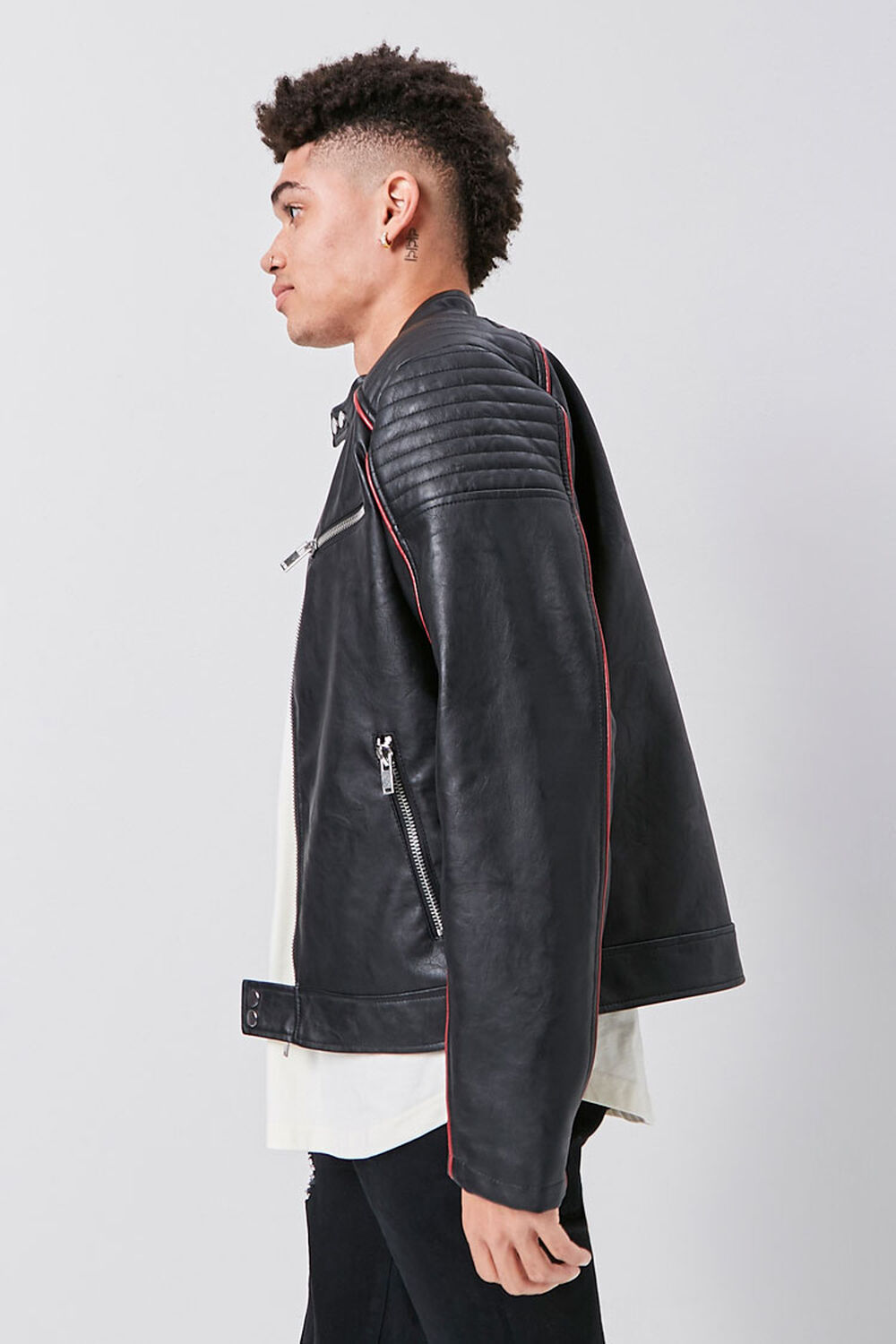 BLACK/RED Faux Leather Piped-Trim Bomber Jacket, image 2