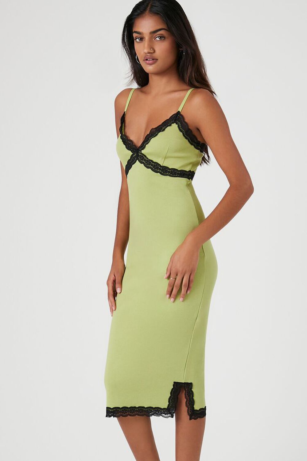GREEN/BLACK Ribbed Lace-Trim Midi Dress, image 2