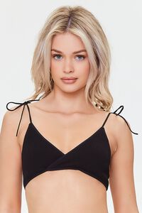 BLACK Seamless Ribbed Self-Tie Bikini Top, image 1