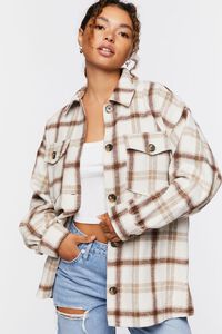 CREAM/BROWN Plaid Button-Up Shacket, image 2