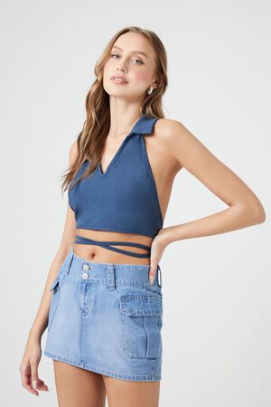 Forever 21 Women's Satin Bustier Cropped Cami in Blue Moon Medium