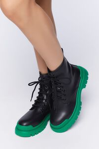 BLACK/GREEN Faux Leather Colorblock Combat Boots, image 1
