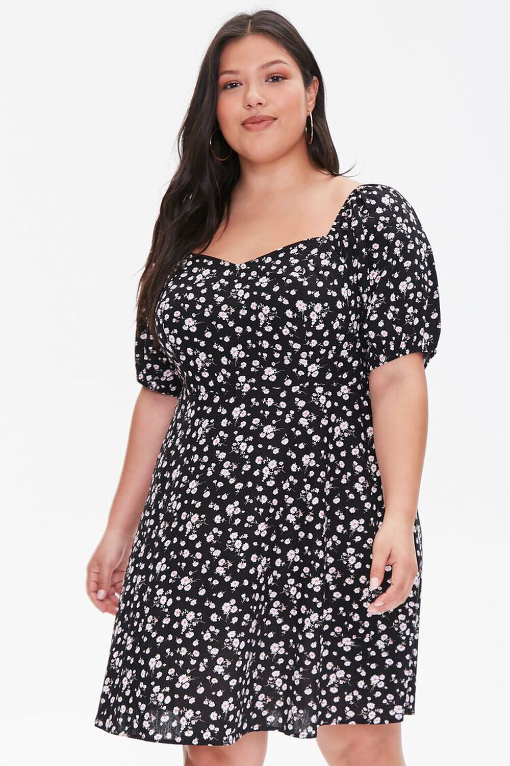 BLACK/CORAL Plus Size Floral Puff-Sleeve Dress, image 1
