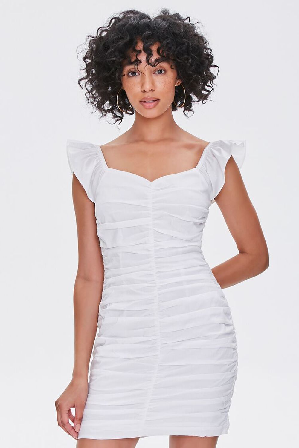 WHITE Ruched Cap-Sleeve Sheath Dress, image 1