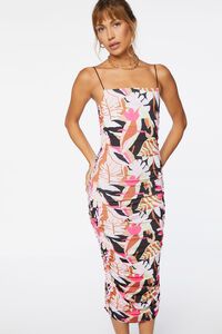 BLACK/MULTI Tropical Print Ruched Midi Dress, image 1