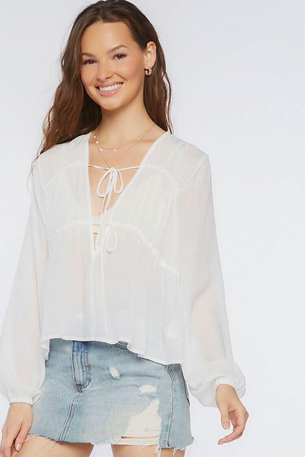 WHITE Plunging Peasant-Sleeve Top, image 1