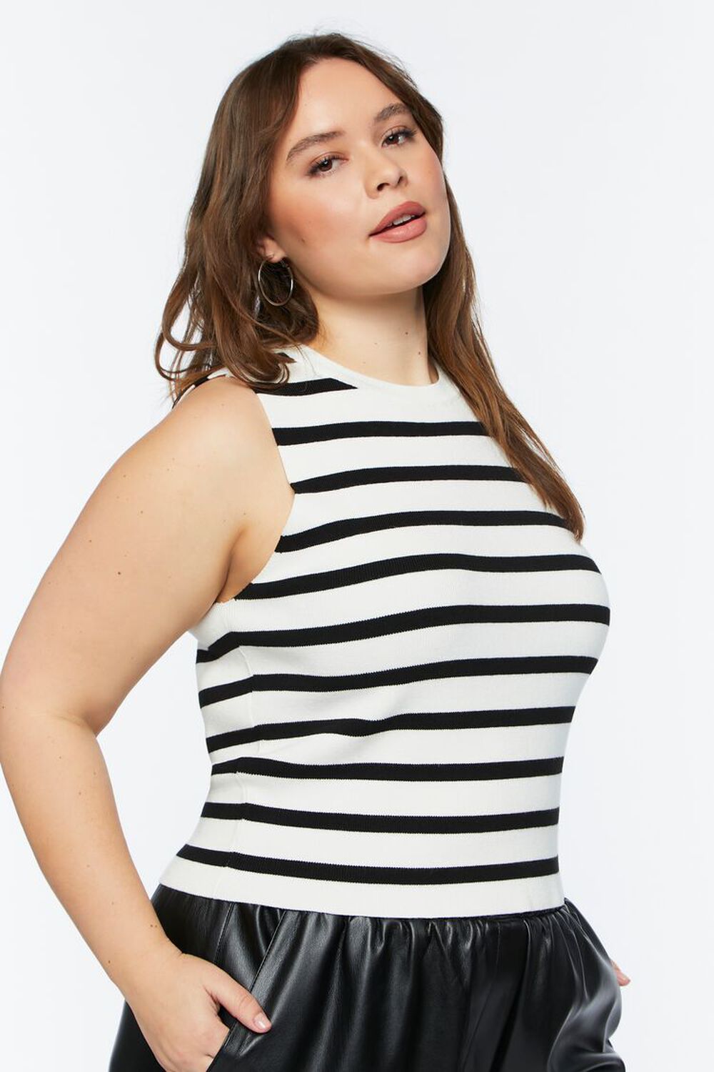 WHITE/BLACK Plus Size Striped Sleeveless Sweater-Knit Top, image 2