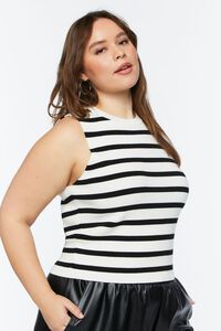 WHITE/BLACK Plus Size Striped Sleeveless Sweater-Knit Top, image 2