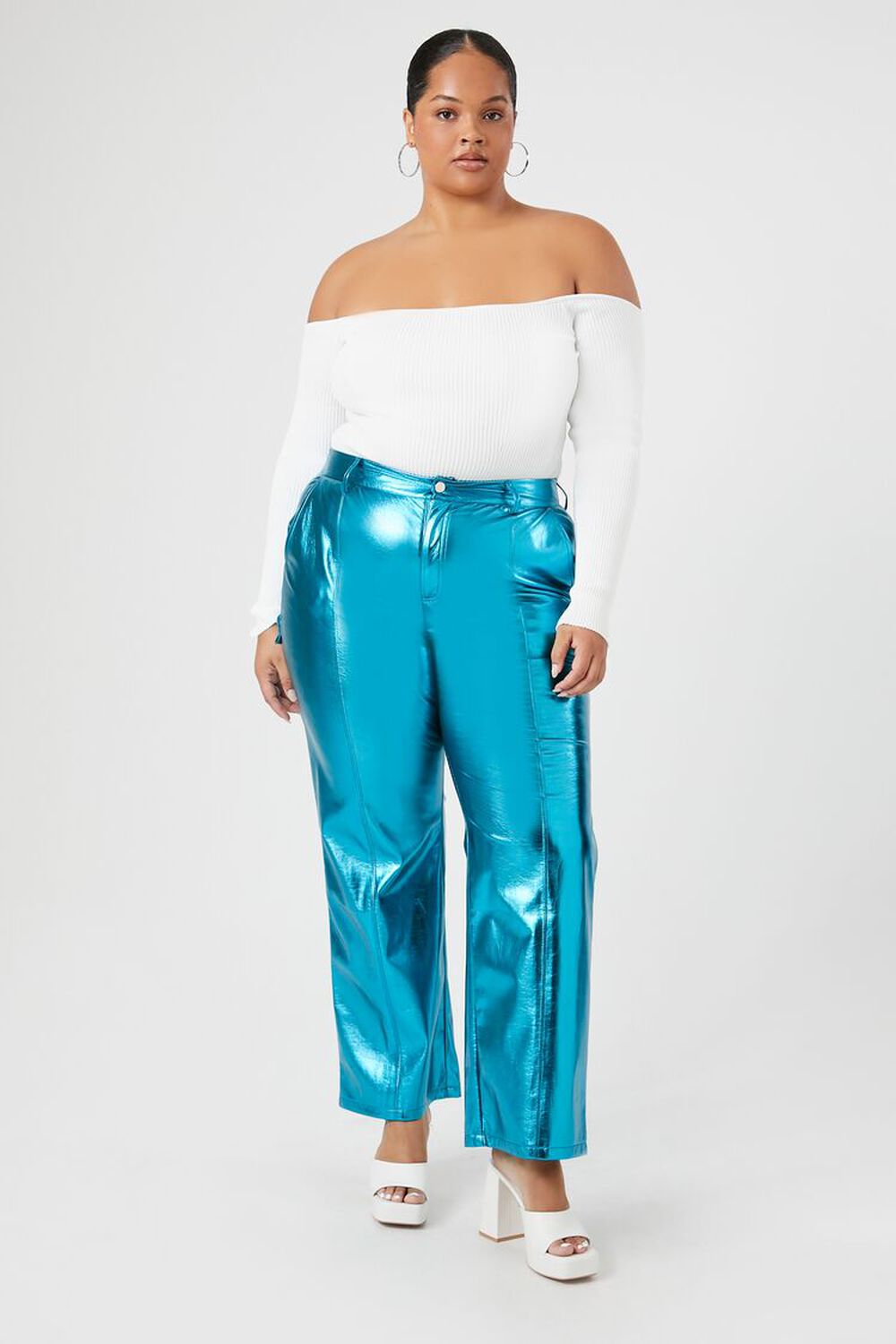 BLUE Plus Size Metallic Faux Leather Pants, image 1