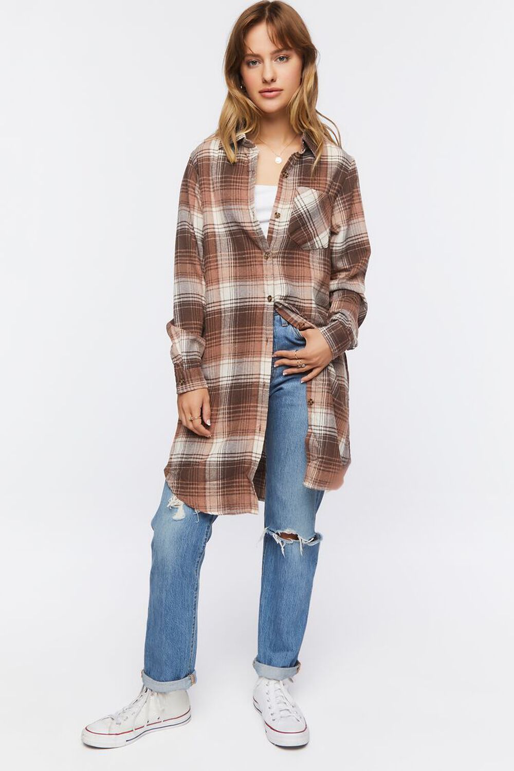 TAUPE/MULTI Longline Flannel Shirt, image 1