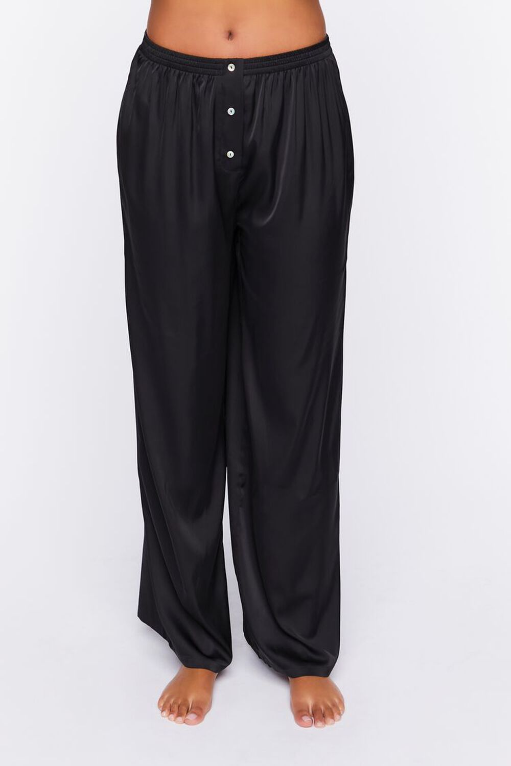 BLACK Satin Mid-Rise Pajama Pants, image 2