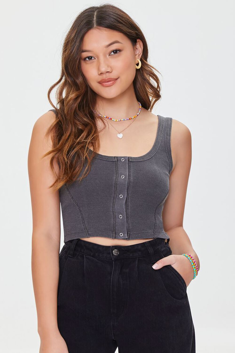 BLACK Waffle Knit Button-Front Crop Top, image 1