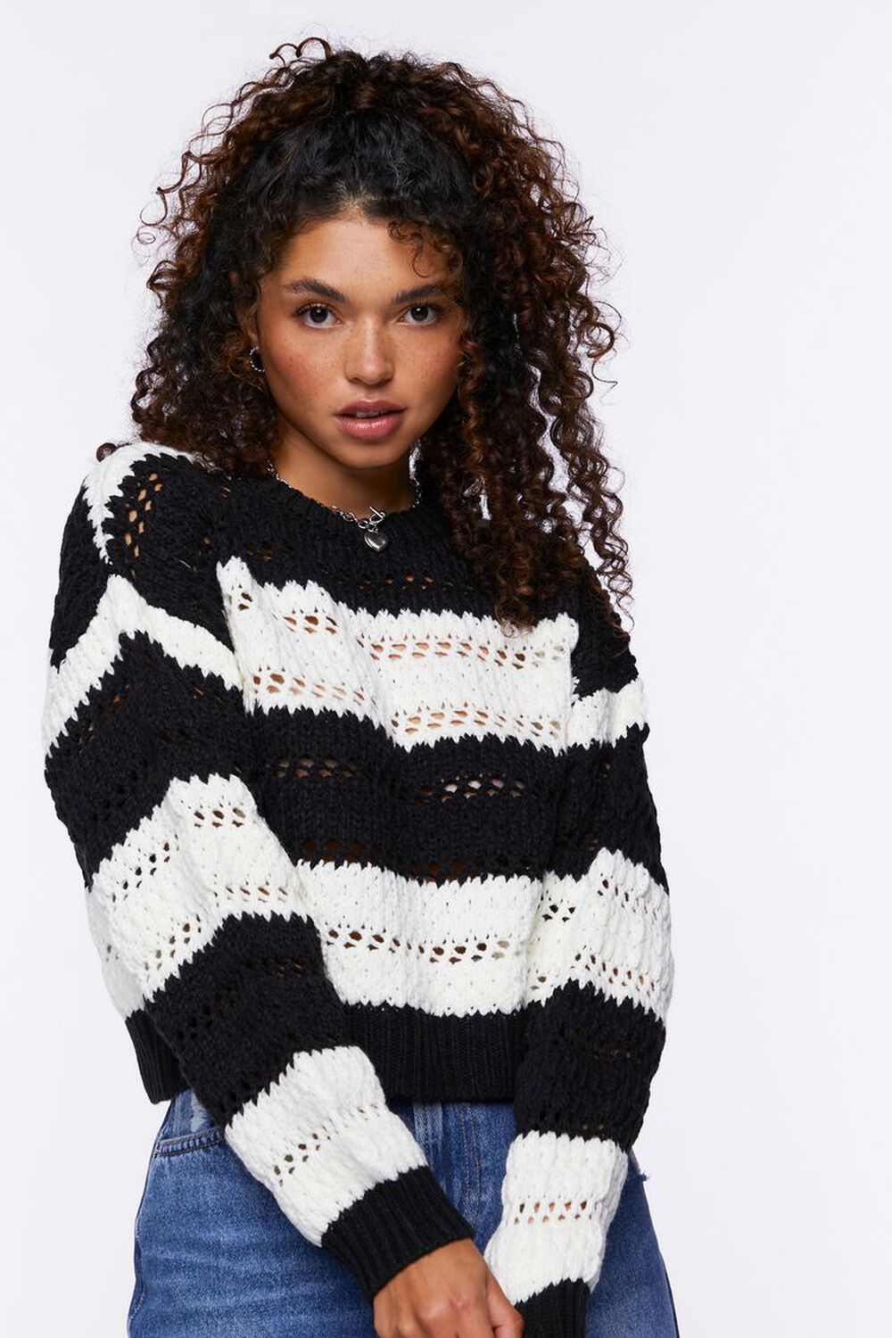 BLACK/CREAM Striped Open-Knit Sweater, image 1