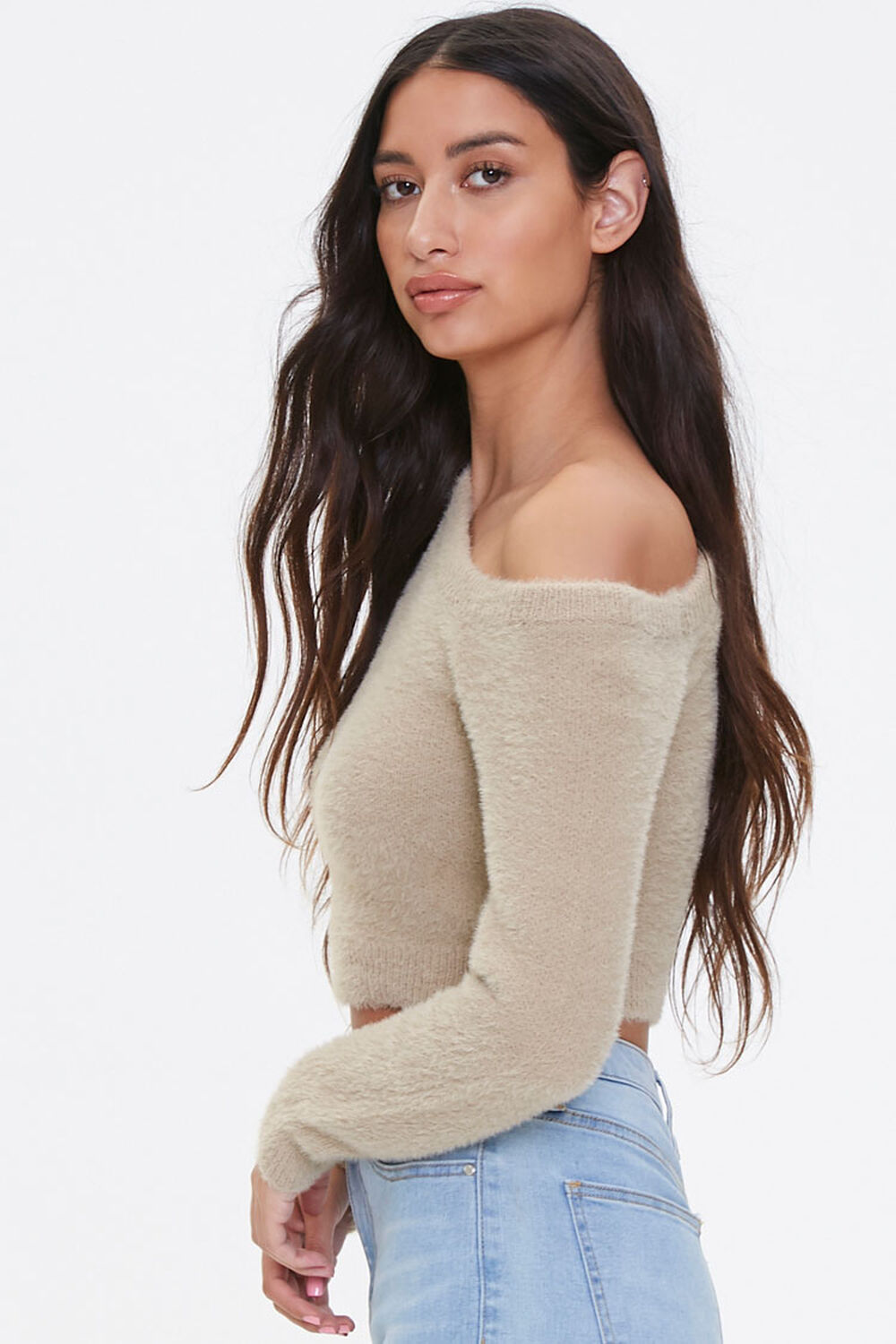 TAN Fuzzy Knit One-Shoulder Sweater, image 2