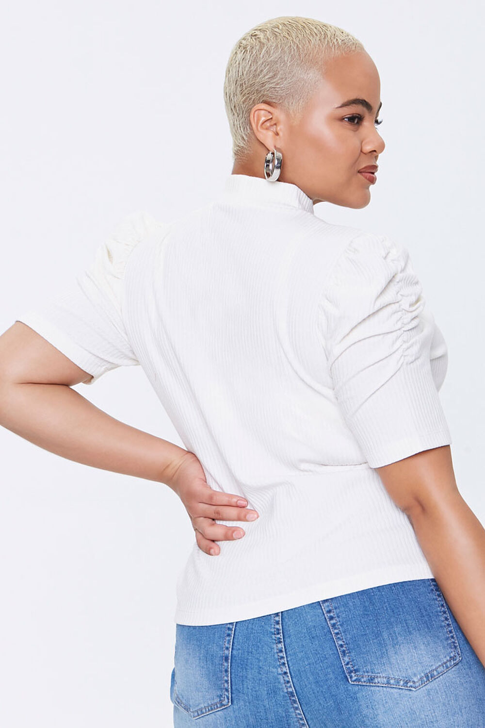 IVORY Plus Size Ribbed Puff-Sleeve Top, image 3