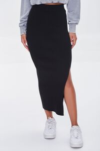BLACK Ribbed Slit Midi Skirt, image 2