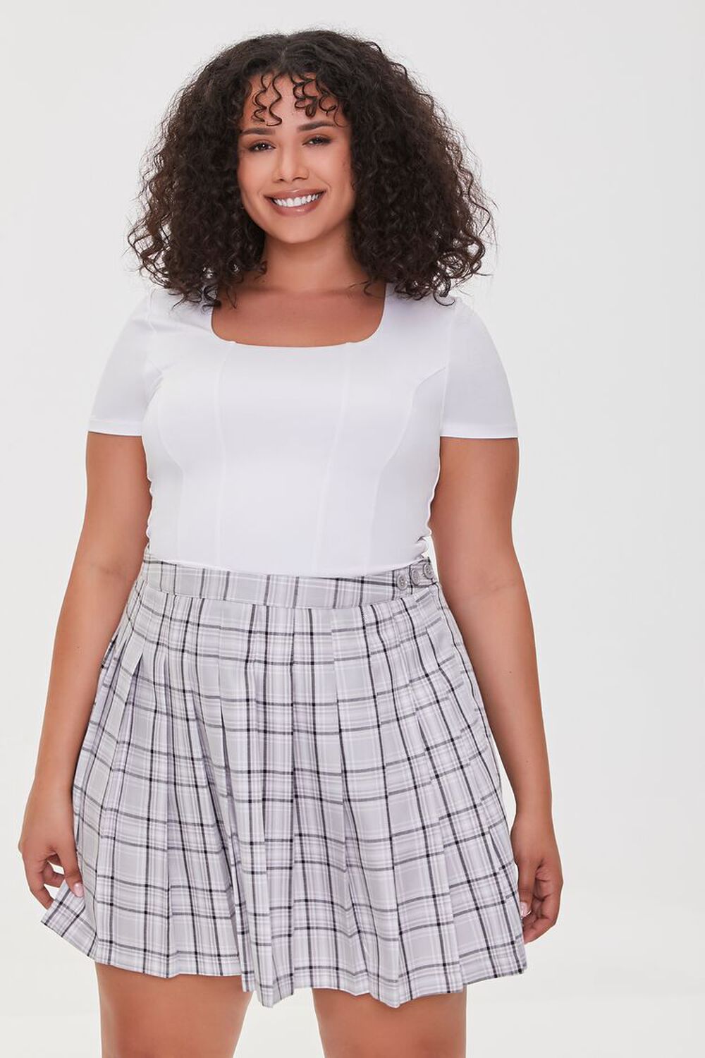 GREY/MULTI Plus Size Pleated Plaid Skirt, image 1