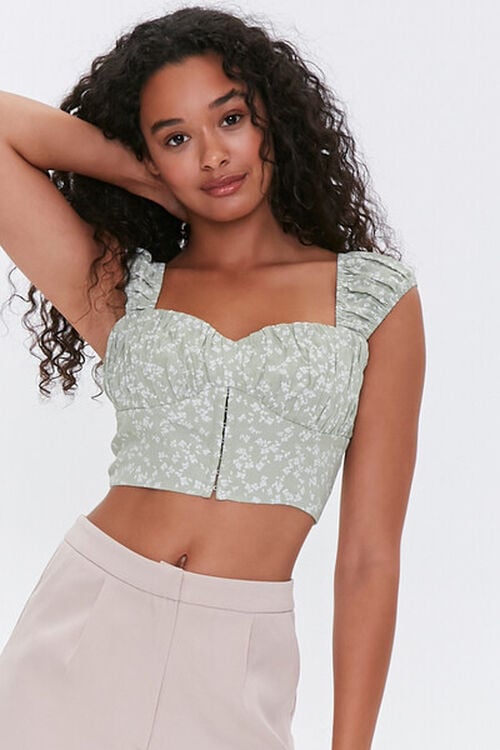 SAGE/WHITE Floral Ruched Crop Top, image 1