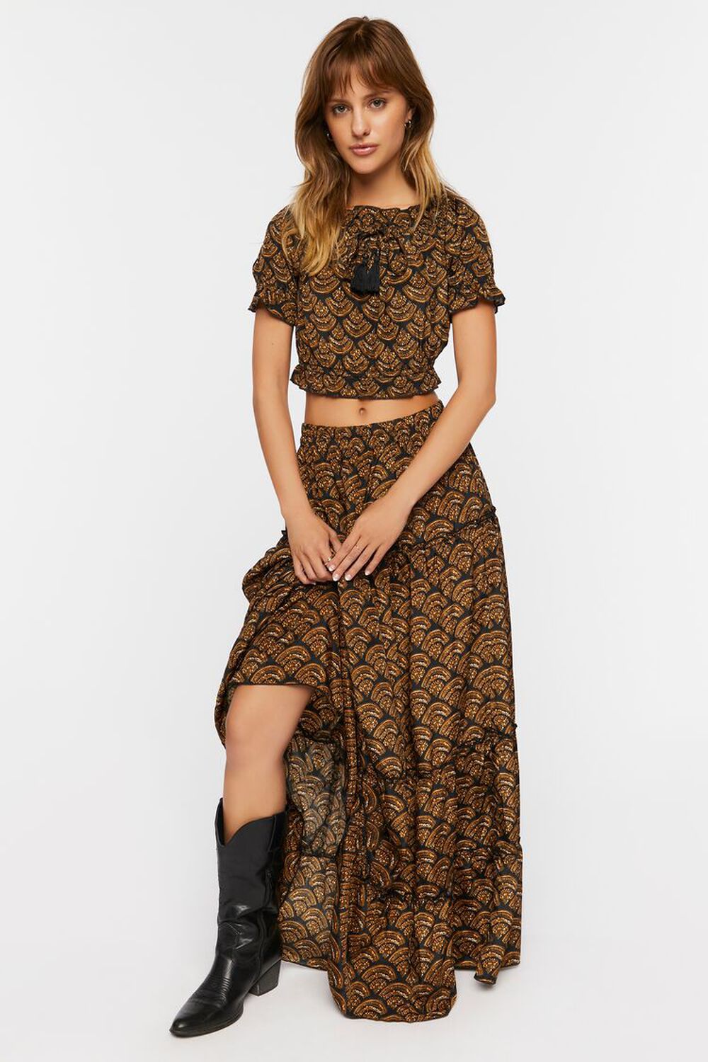 BROWN/MULTI Ornate Print Tiered Maxi Skirt, image 1