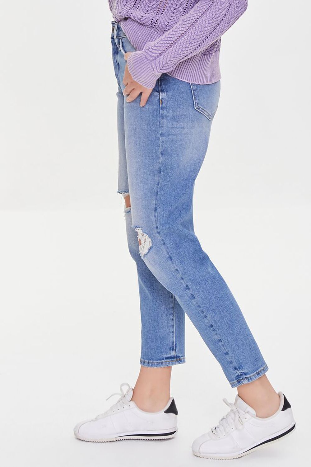 MEDIUM DENIM Hemp 4% Distressed Ankle-Cut Mom Jeans, image 3