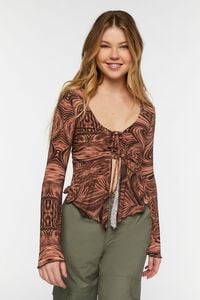 BROWN/MULTI Abstract Print Slinky Split-Front Top, image 1