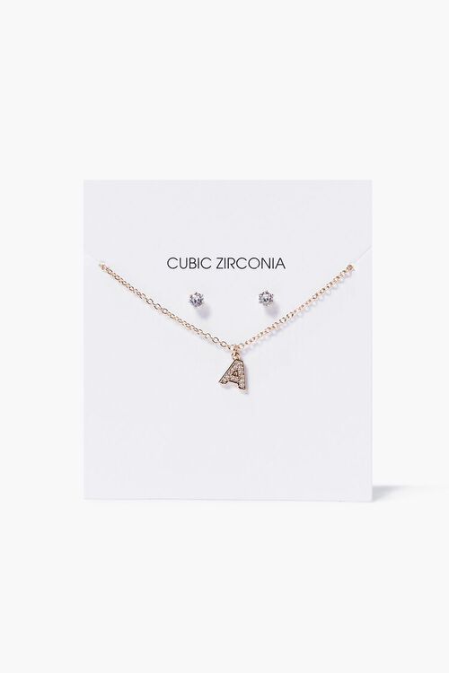 GOLD/A CZ Letter Necklace & Stud Earrings Set, image 1