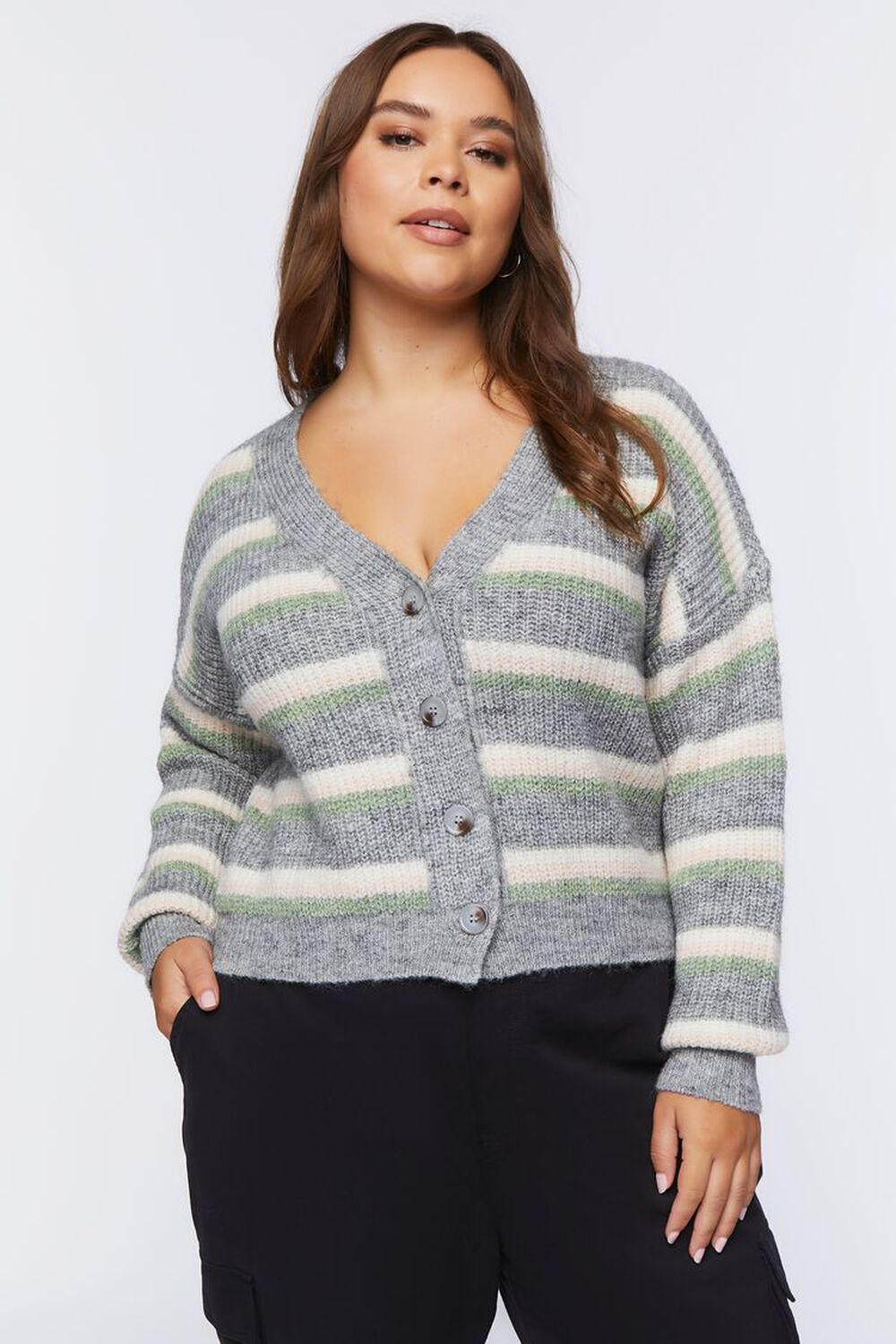 HEATHER GREY/MULTI Plus Size Striped Cardigan Sweater, image 1