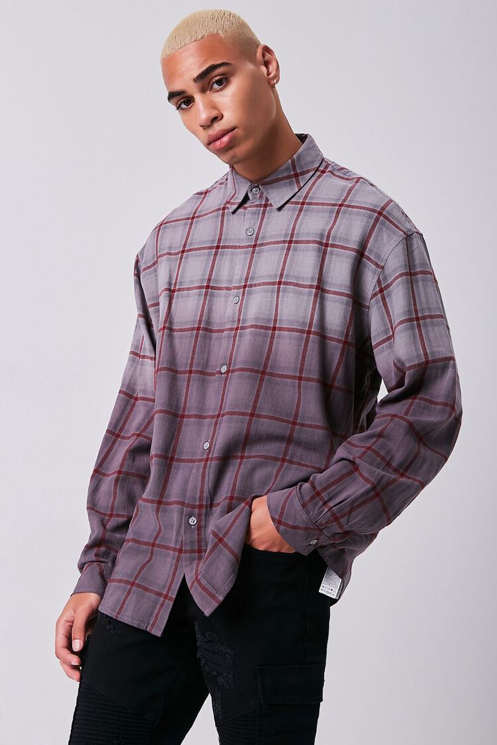 GREY/PLUM Grid Ombre Wash Flannel Shirt, image 1