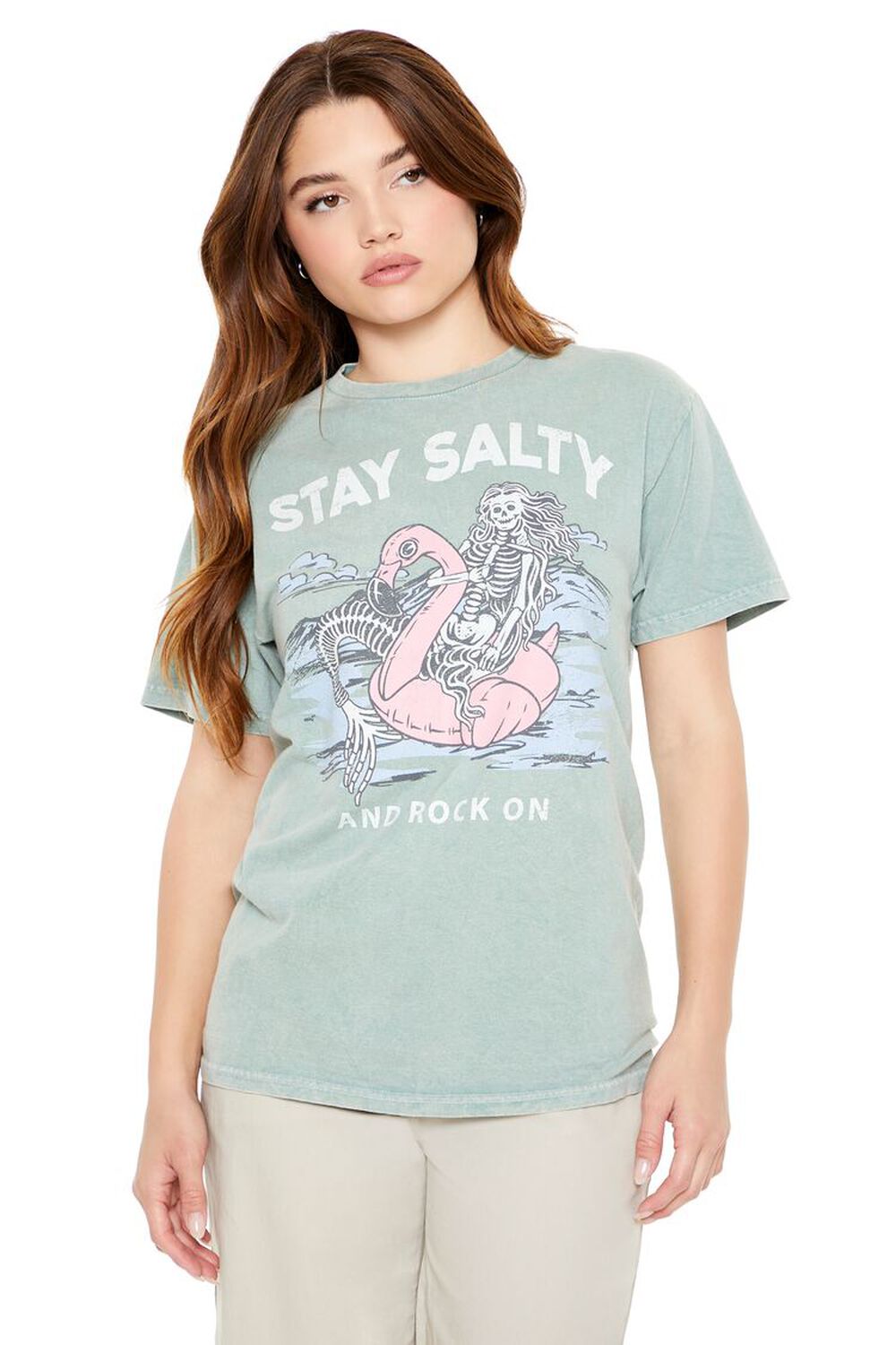 Forever 21 Women's Stay Salty Skeleton Mermaid T-Shirt in Sage Green, M/L | Concert & Festival Clothes | Logo | 100% Cotton | F21