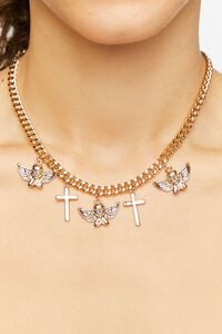 GOLD Cross & Angel Curb Chain Necklace, image 1