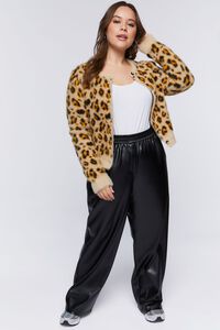 BROWN/MULTI Plus Size Fuzzy Leopard Print Cardigan Sweater, image 4