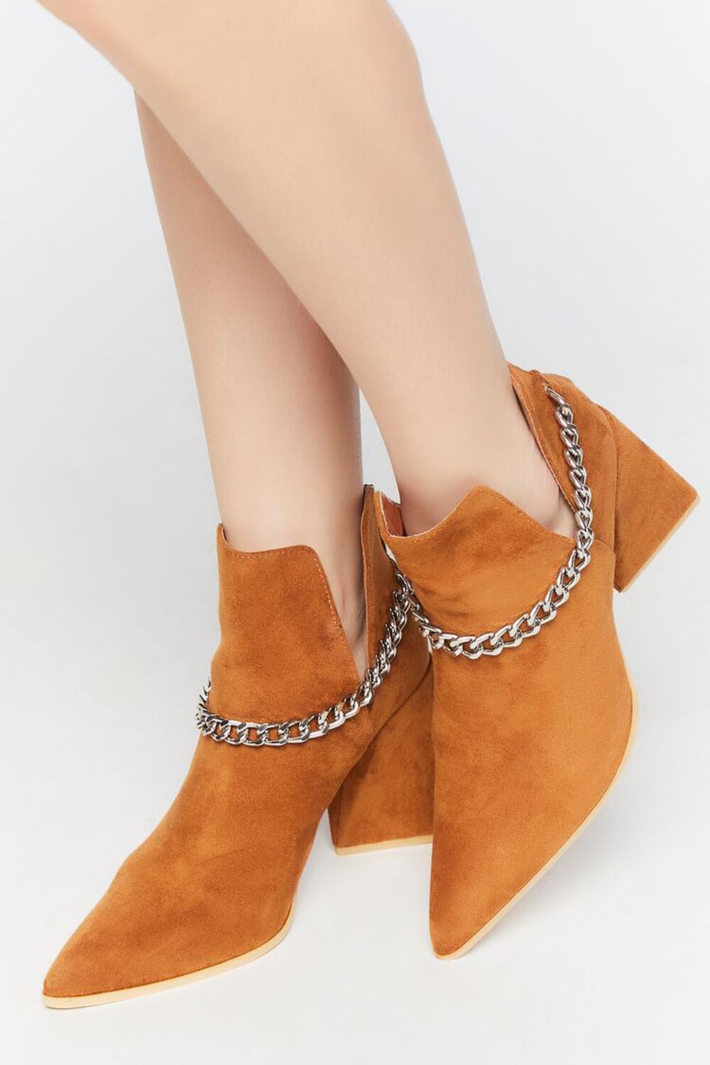 TAN Pointed Curb Chain Flare Heel Booties, image 1