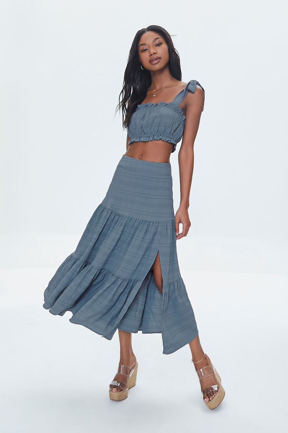TEAL BLUE Ruffled Crop Top & Maxi Skirt Set, image 1
