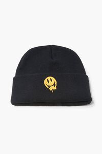 BLACK/YELLOW Men Embroidered Happy Face Beanie, image 1