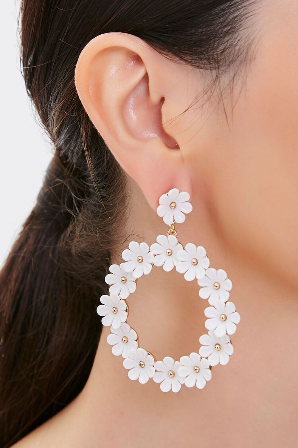 WHITE Floral Hoop Drop Earrings, image 1