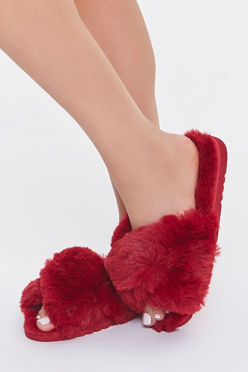 RED Faux Fur Open-Toe Slippers, image 1