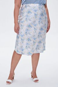 WHITE/MULTI Plus Size Satin Floral Midi Skirt, image 2