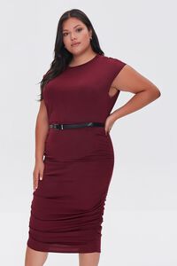 WINE Plus Size Belted Ruched Dress, image 4