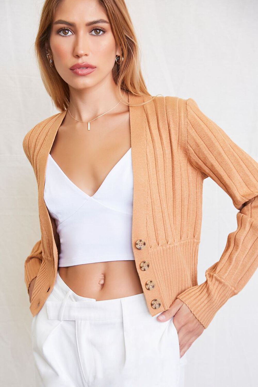 TAUPE Wide-Ribbed Cardigan Sweater, image 1