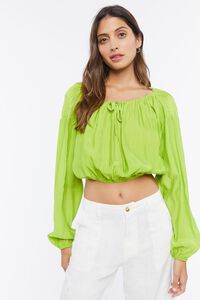 GREEN APPLE Peasant-Sleeve Ruched Crop Top, image 1