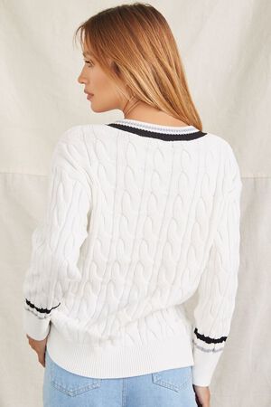 Striped-Trim Cable Knit Sweater