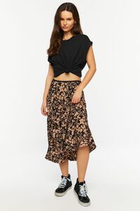 BLACK/BEIGE Floral Print A-Line Midi Skirt, image 6