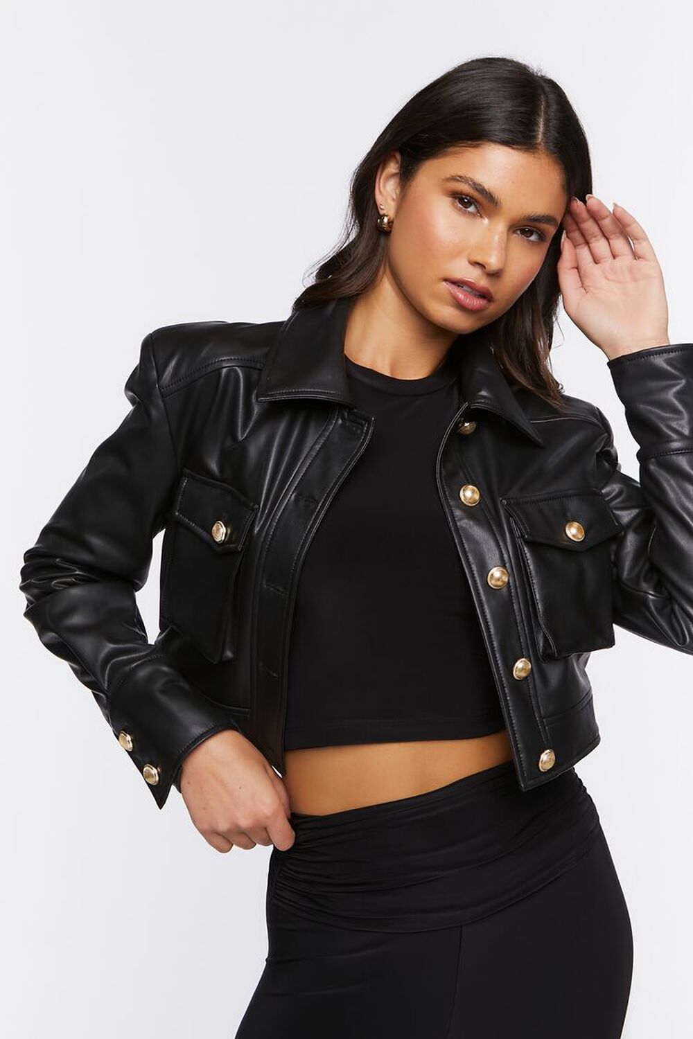 BLACK Faux Leather Cropped Jacket, image 1