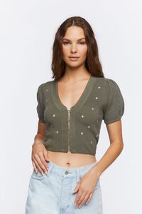 SAGE/BEIGE Sweater-Knit Floral Embroidered Top, image 2
