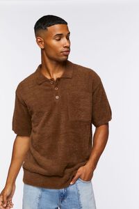 BROWN Fuzzy Knit Polo Shirt, image 1