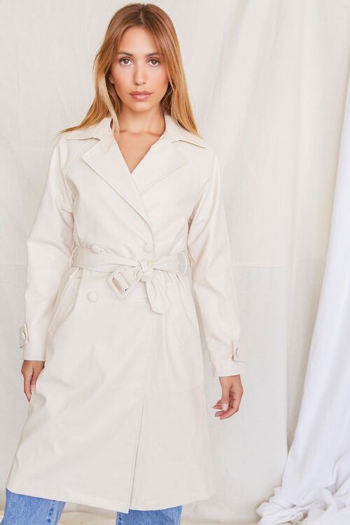 BEIGE Faux Leather Double-Breasted Trench Coat, image 5