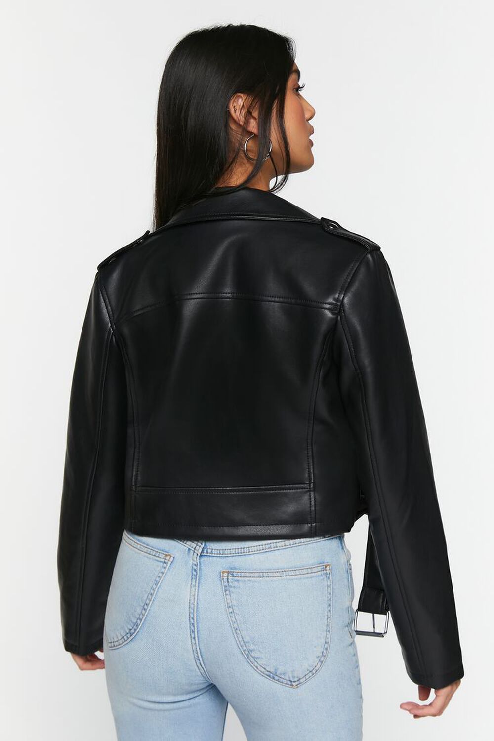 BLACK Faux Leather Cropped Moto Jacket, image 3