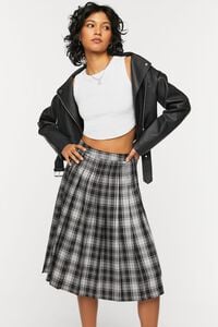 BLACK/MULTI Pleated Plaid Midi Skirt, image 1
